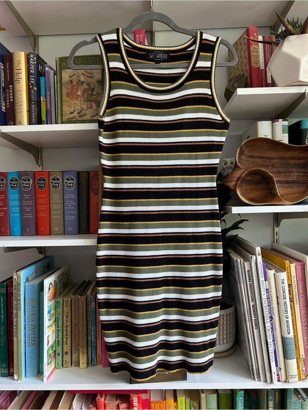 Sweet Wanderer Striped Ribbed Midi Dress in Black, White & Olive